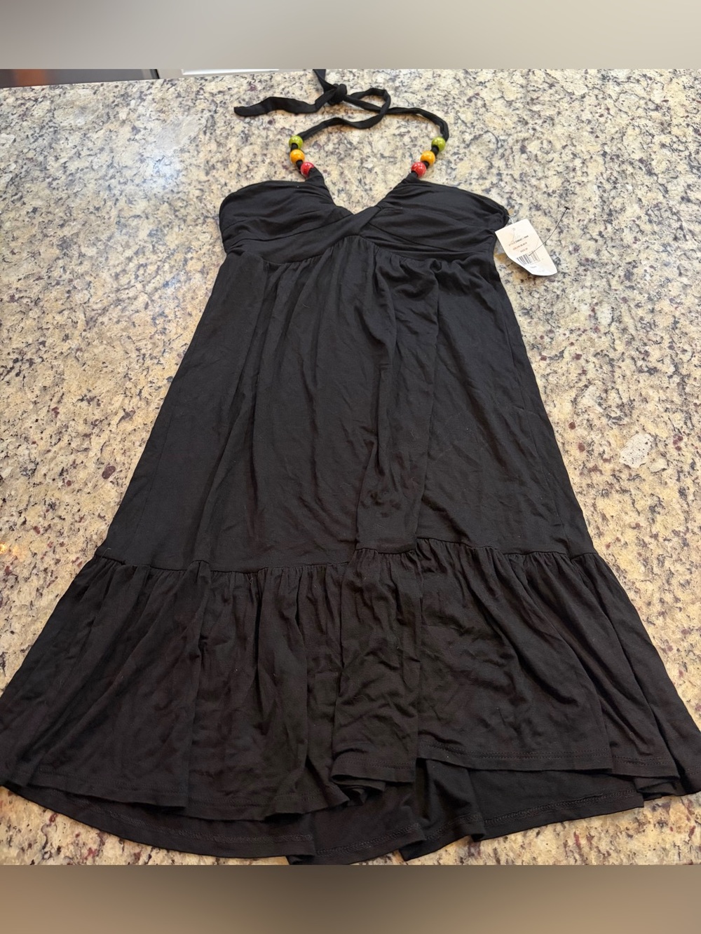 Black Halter Mini Dress with Wooden Beaded Halter Straps